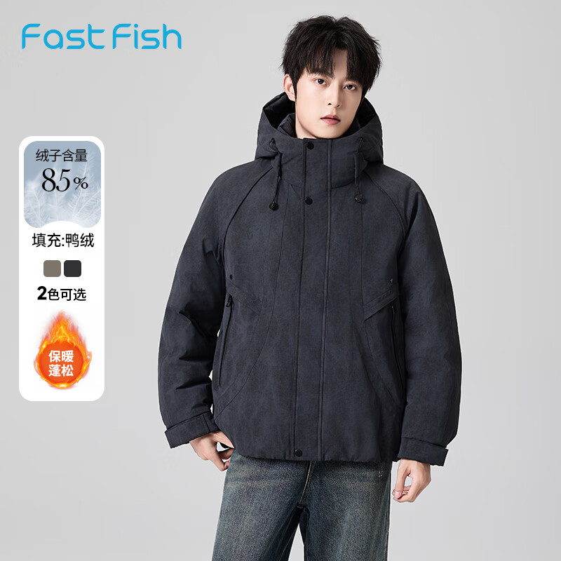 快鱼厚短款羽绒服男2025新款冬季立领连帽男士外套工装风时尚潮流上衣 黑色 XL 京东折扣/优惠券