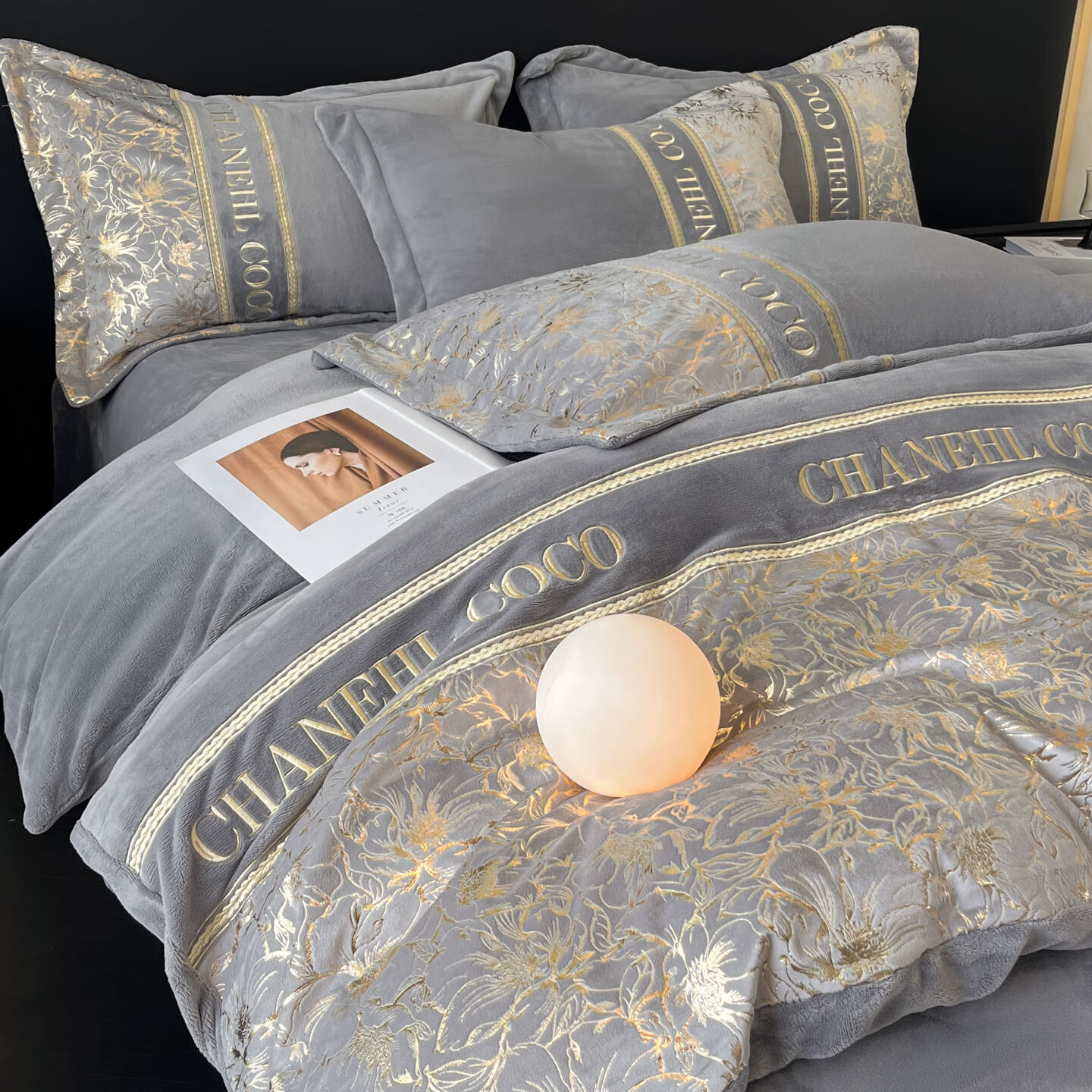 VJEA类烫金牛奶绒四件套冬季加厚保暖立体双面绒高克重被套床上用品 茉语-高级灰 三件套1.2m 床单款 -被套150*200cm