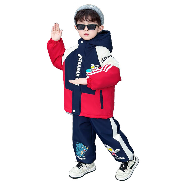 G.duck奥特曼衣服男童套装秋冬季加厚加绒保暖儿童棉服帅气男宝宝外套 藏青色 150 （建议身高140cm 12-13岁）cm