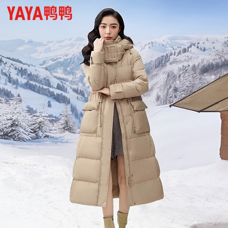 鸭鸭（YAYA）羽绒服女长款过膝纯色设计感韩版时尚连帽冬季新款外套 白色 M