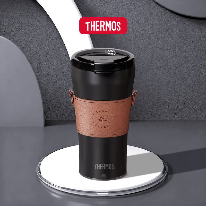 膳魔师（THERMOS）保温搅拌杯咖啡杯办公不锈钢简约便携随行水杯办公商务杯子 TEOB 膳魔师-曜夜黑【陶瓷层内胆400ml】+咖色杯套