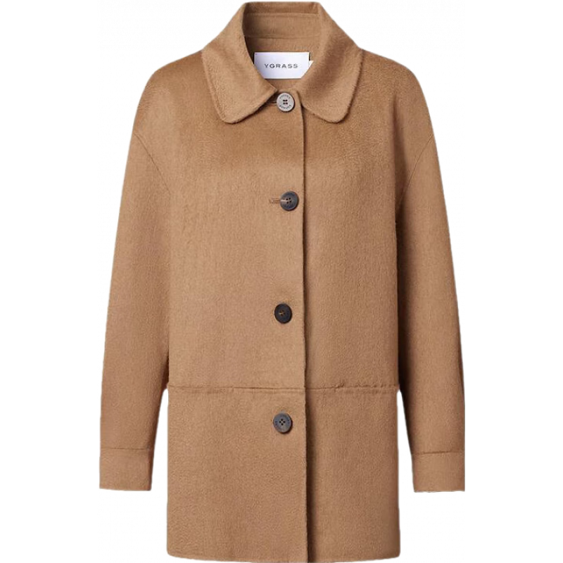 VGRASS【柔软静奢风】维格娜丝冬季新款骆驼绒翻领高级感中长款大衣女 金棕色 S