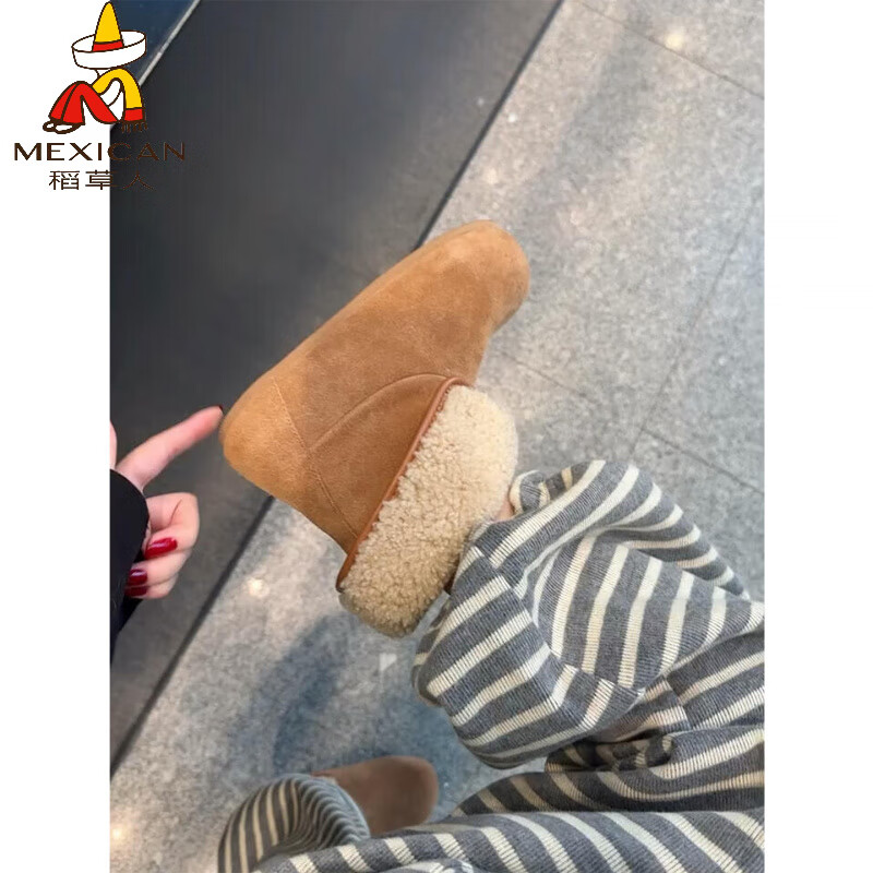 稻草人（MEXICAN）真皮增高雪地靴女冬季加绒厚底毛毛短靴加厚保暖两穿复古勃肯棉鞋 栗色 35