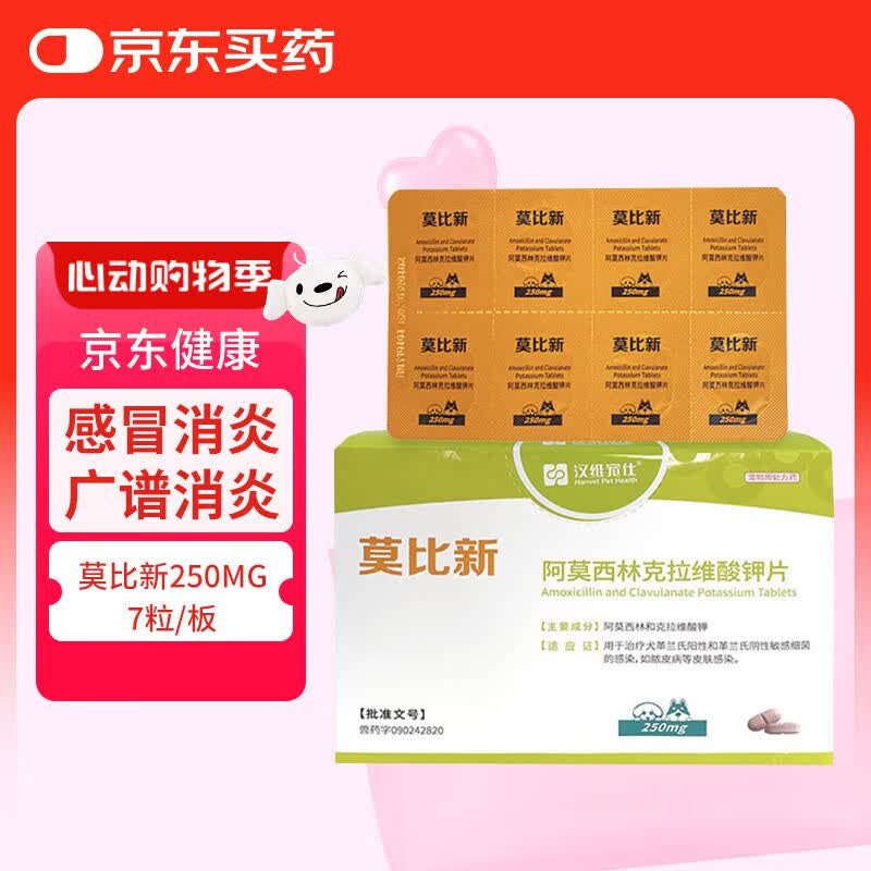 汉维宠仕莫比新阿莫西林克拉维酸钾片250mg*7粒/板宠物消炎药抗生素