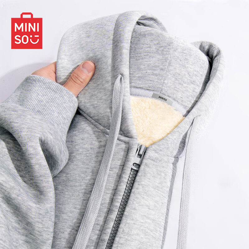 名创优品（MINISO）羊羔绒连帽卫衣男外套冬季宽松重磅百搭潮流男士开衫拉链加绒夹克 麻灰(纯色) M /170(男女同款)