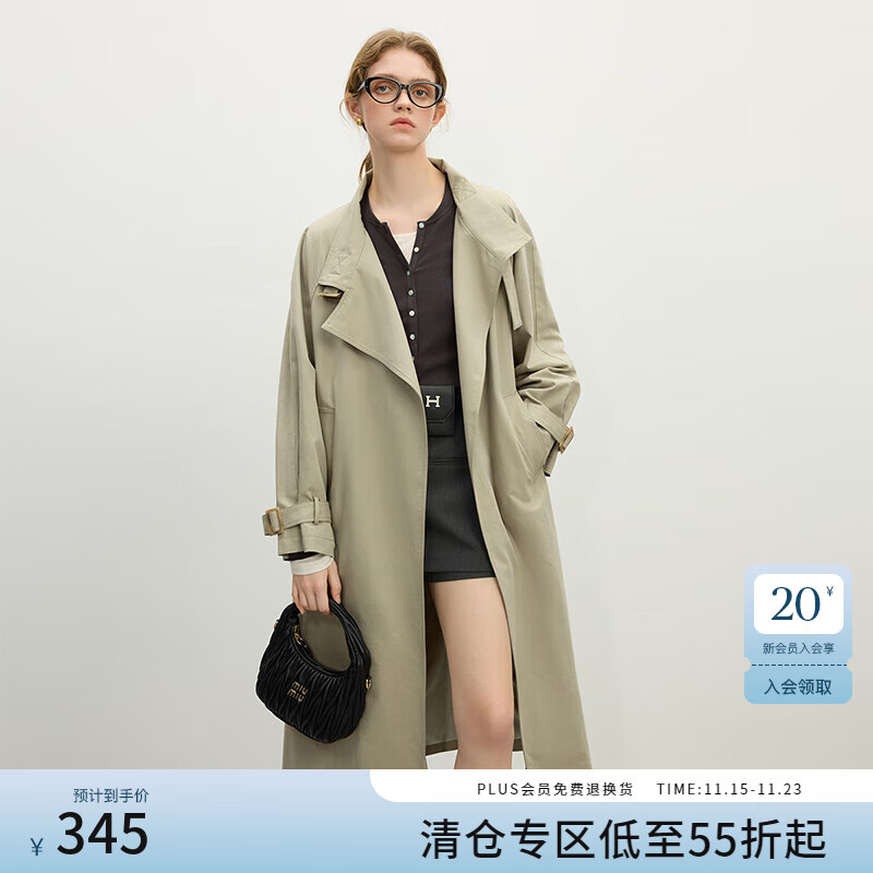 范思蓝恩设计感立领风衣女2025春装新款中长款宽松休闲英伦风外套 豆灰绿 S