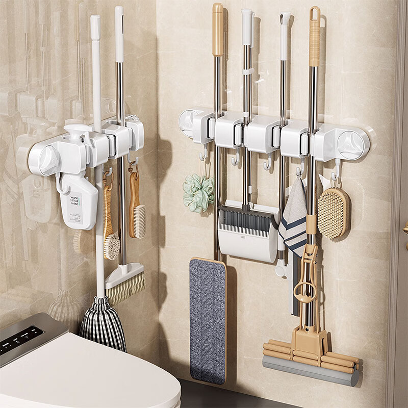 吱凡日本吸盘拖把壁挂夹免打孔收纳架拖把夹挂拖布挂钩固定架收纳神器 【3夹4钩】十字款-雾绒白【真空吸盘-掉落包赔】