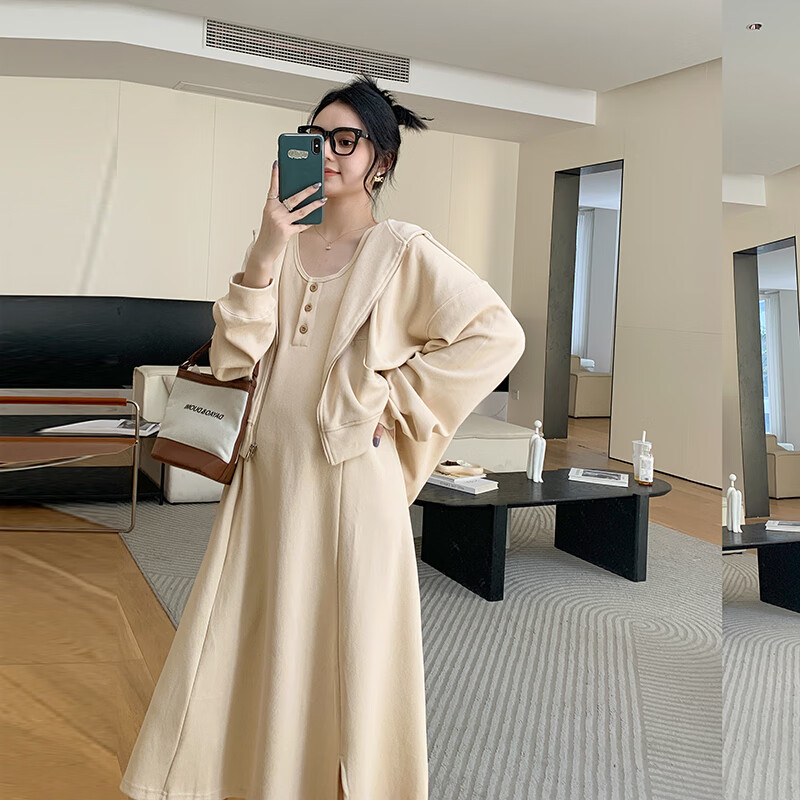 ZMA孕婦秋季套裝小個子休閑孕婦衛(wèi)衣外套女春秋時尚孕婦裙兩件套 米色兩件套 M