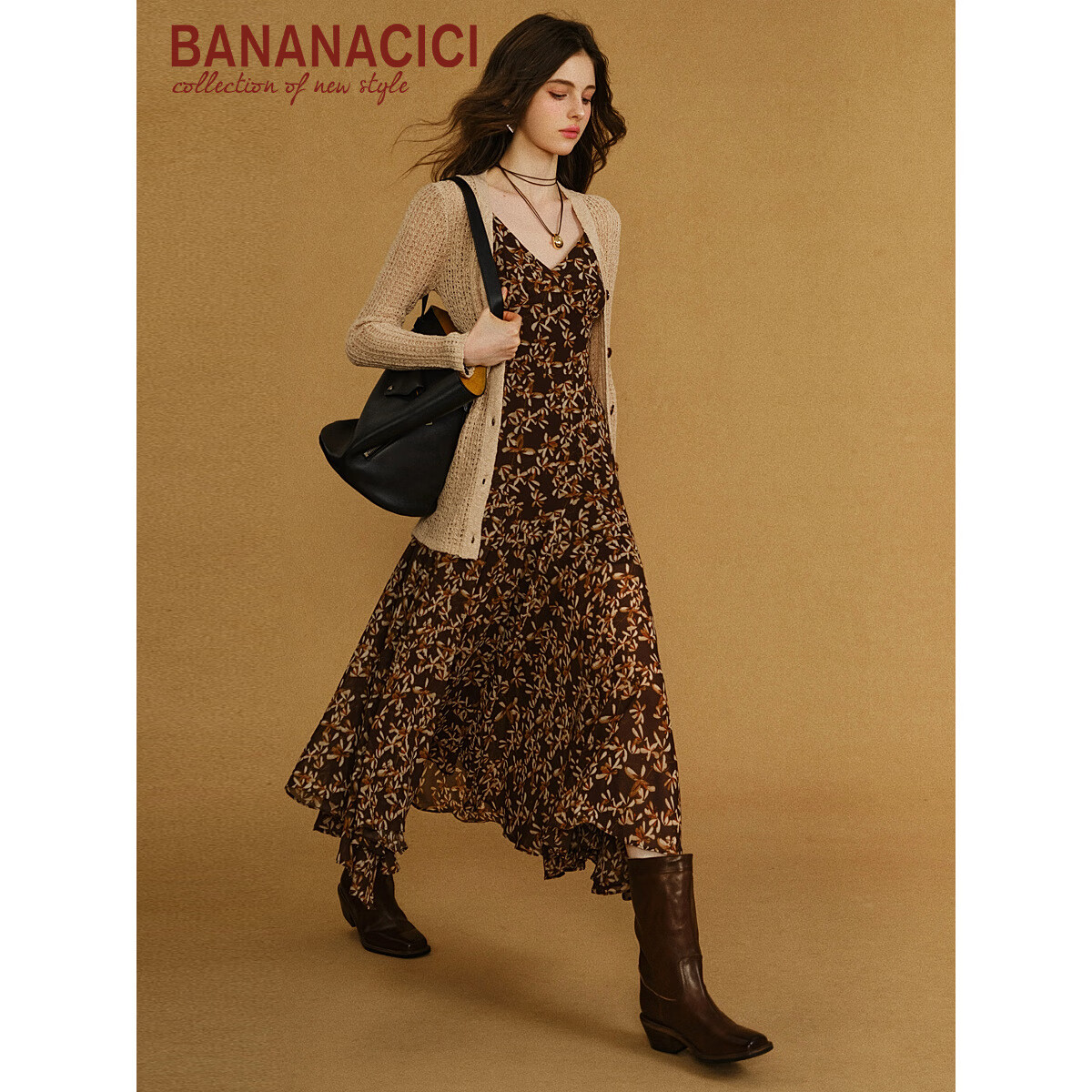 banana cici2025年秋季新款慵懒波西风镂空网眼长袖V领针织衫外套C2F3MY072 杏色 S