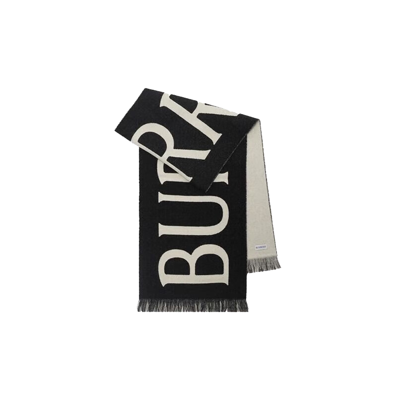 博柏利（BURBERRY）羊毛圍巾 徽標(biāo)裝飾 logo字母 盾牌圖案 細(xì)穗流蘇裝飾 黑色8109563