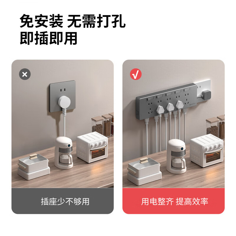 国际电工(FDD)免接线直插拓展扩展插座独立开关厨房家用排插多功能带线扩展插板 灰色短线-三开21孔-向右扩展