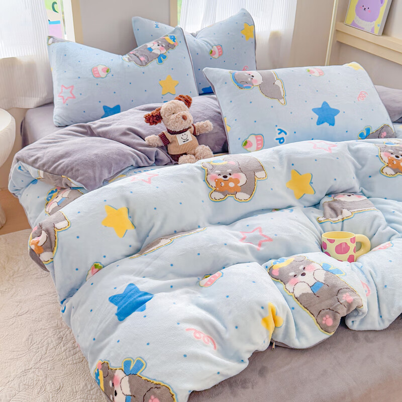 伊路卡新款牛奶绒四件套秋冬季保暖珊瑚绒床上用品儿童被套床单 布丁狗 1.2米床 三件套 床单款 （被套150*200cm）