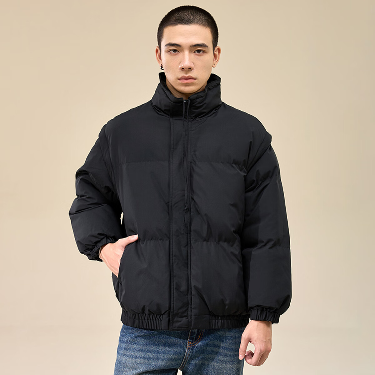 HIPANDA立领棉衣外套男2025冬季宽松百搭加厚保暖棉服可拆卸袖子马甲上衣 黑色 2XL