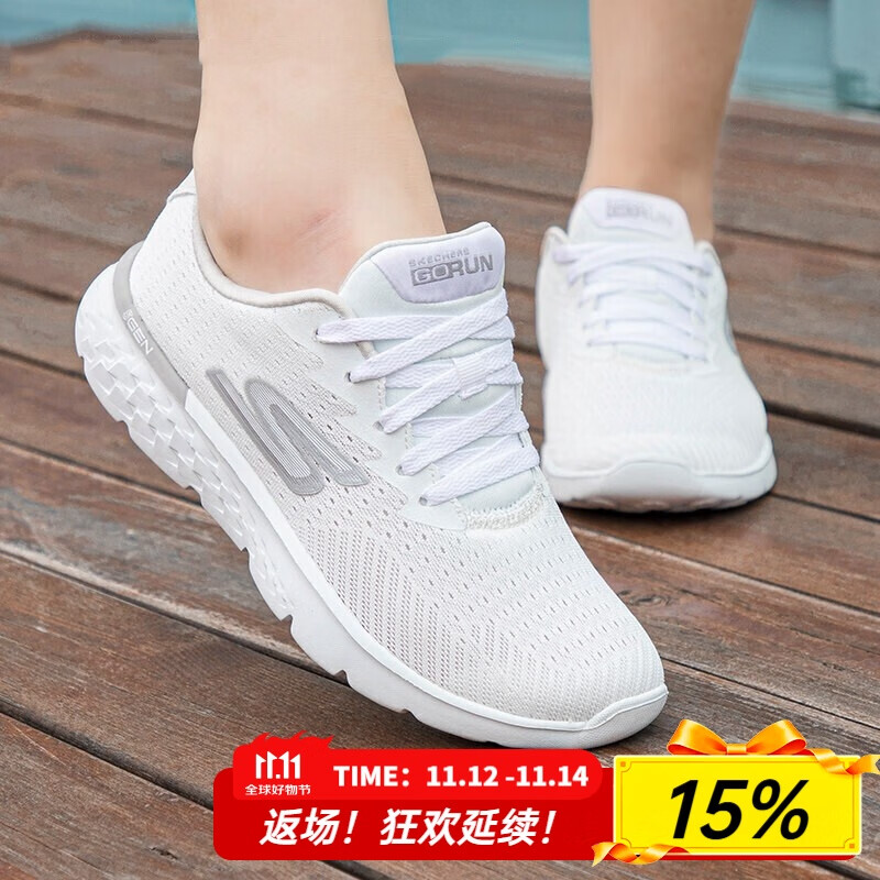 斯凯奇（Skechers）女鞋夏季新款网面透气妈妈鞋软底跑步鞋轻便减震休闲鞋白色运动鞋 白色-WHT 35.5