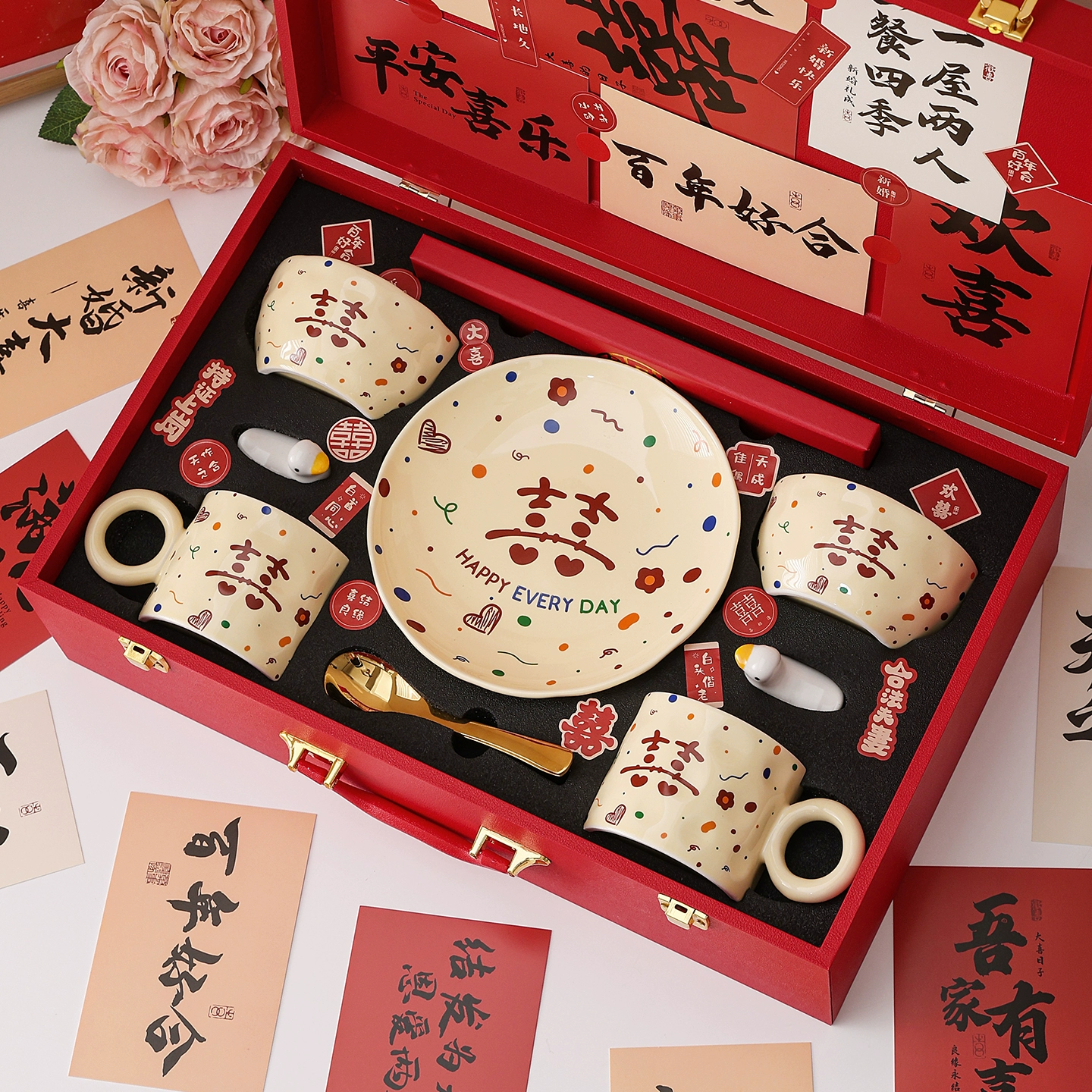 赟娅结婚礼物送新人新娘新婚订婚礼品送闺蜜姐妹实用餐具碗筷套装礼盒 喜笑颜开餐具套装【木箱礼盒】12件套-新款白底