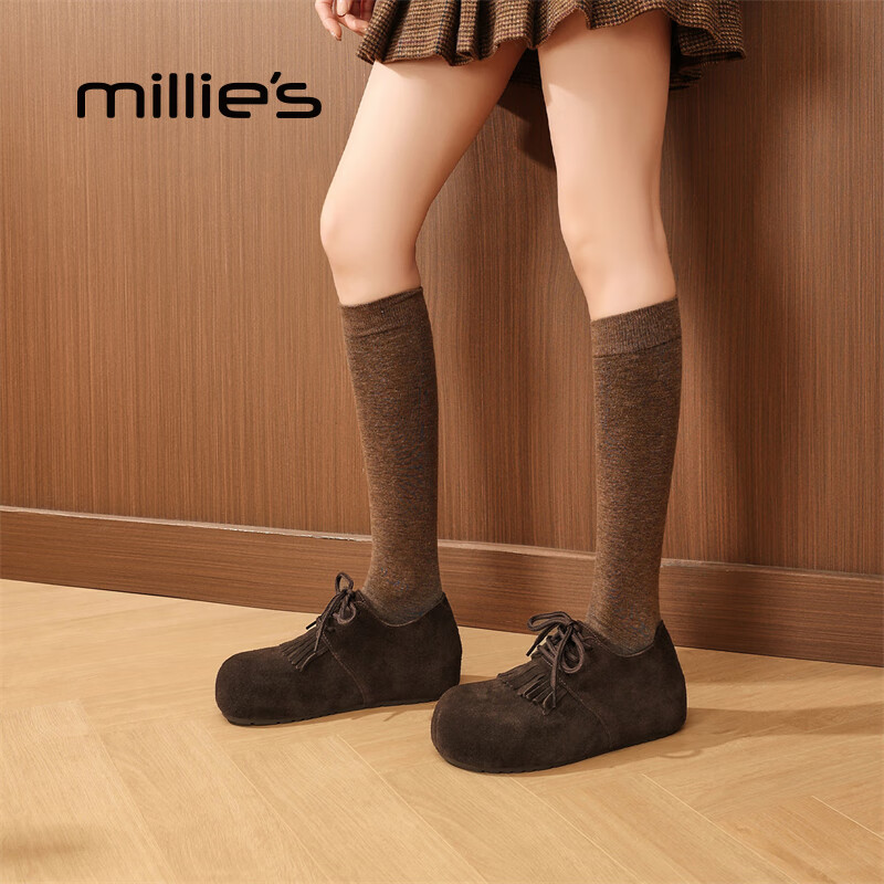 妙丽勃肯鞋女平底加绒复古乐福鞋保暖潮流2025冬季新款百搭通勤单鞋 咖色 35 (225mm) 标准码