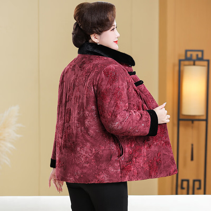 榄舍中年妈妈羽绒棉服女冬季新款中式盘扣保暖棉衣大码胖太太国风外套 红色 7XL （建议200-220斤）