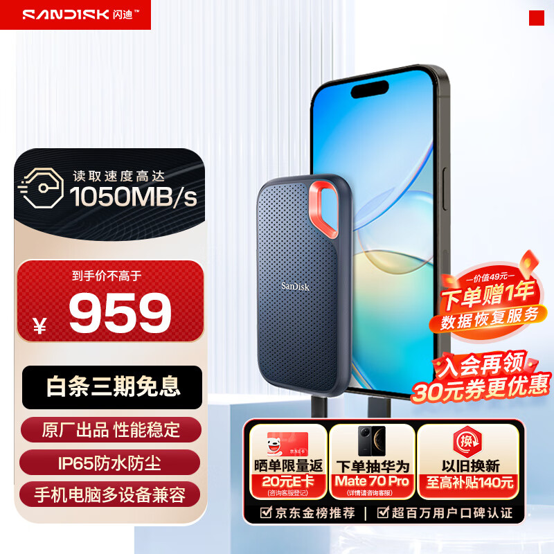 闪迪（SanDisk）1TB Type-c USB3.2 NVMe移动固态硬盘（PSSD）E61卓越版 1050MB/s三防保护 手机笔记本电脑外接SSD