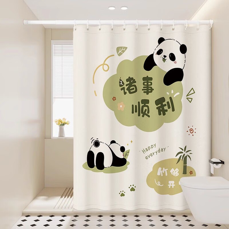 吱凡日本浴帘免打孔伸缩杆套装防水高档卫生间隔断浴室洗澡防霉窗帘布 诸事顺利【160克加厚款】 【帘+杆】帘宽100x180+伸缩杆长70-120