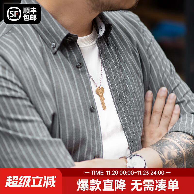 马登工装美式复古磨毛竖条纹衬衫男翻领休闲长袖衬衣修身薄款上衣外套 锡灰色 L