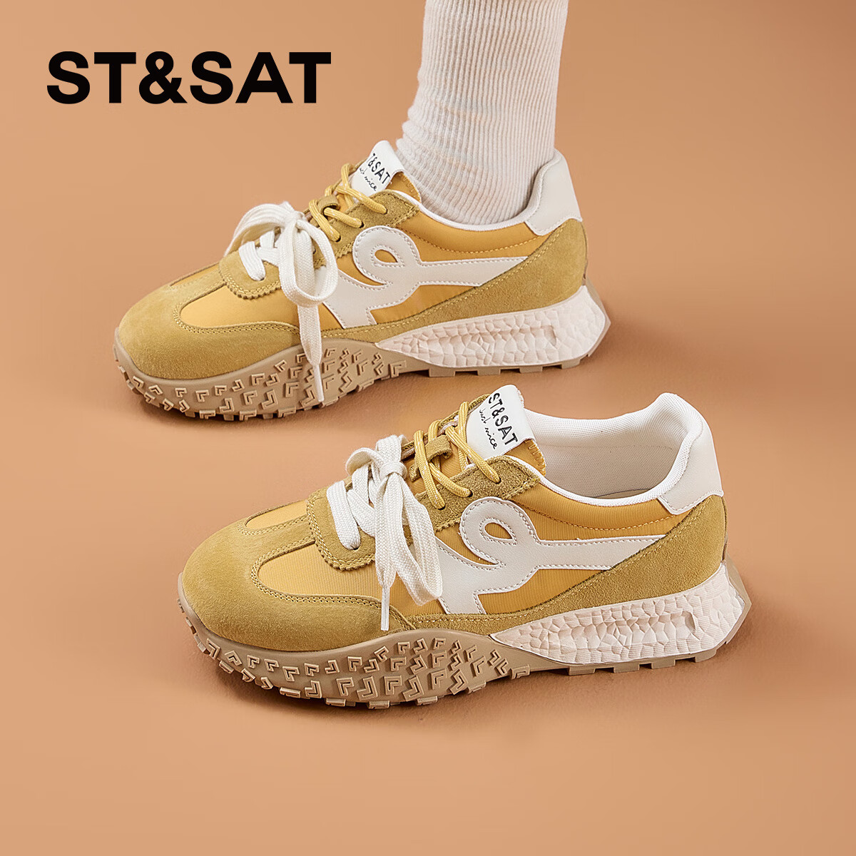 星期六厚底德训鞋女2025春季新款休闲运动鞋复古双系带阿甘单鞋女款 黄色 35