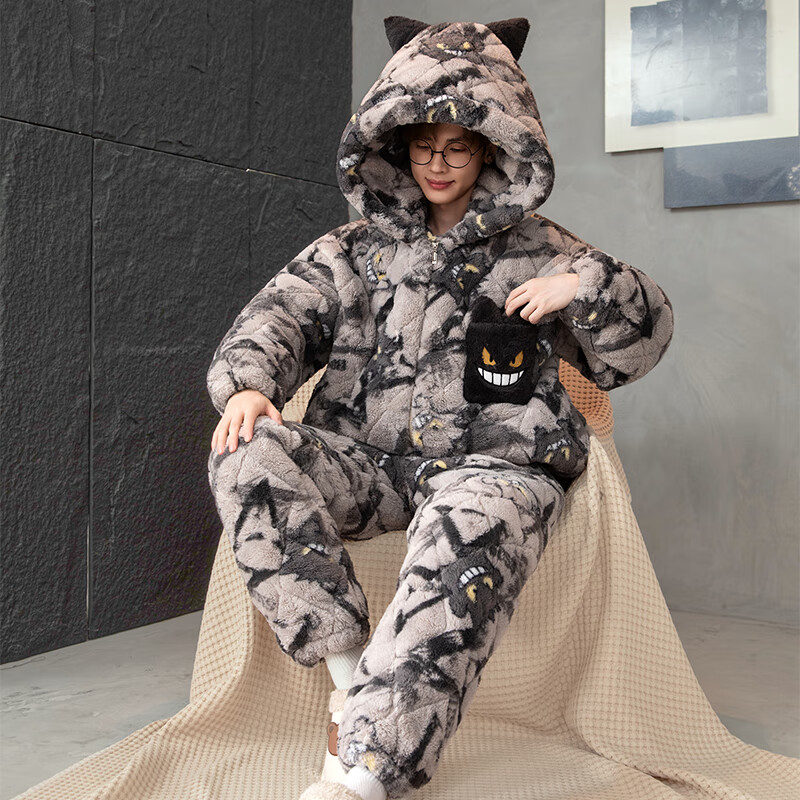 萧淑妃珊瑚绒睡衣男冬季加绒加厚保暖卡通青少年三层夹棉开衫家居服套装 耿鬼 M