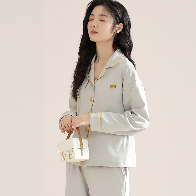 猫人纯棉睡衣女士2025年新款100%全棉秋冬季家居服可外穿大码长袖套装 时尚银 100%纯棉 XL 【适合120-140斤】