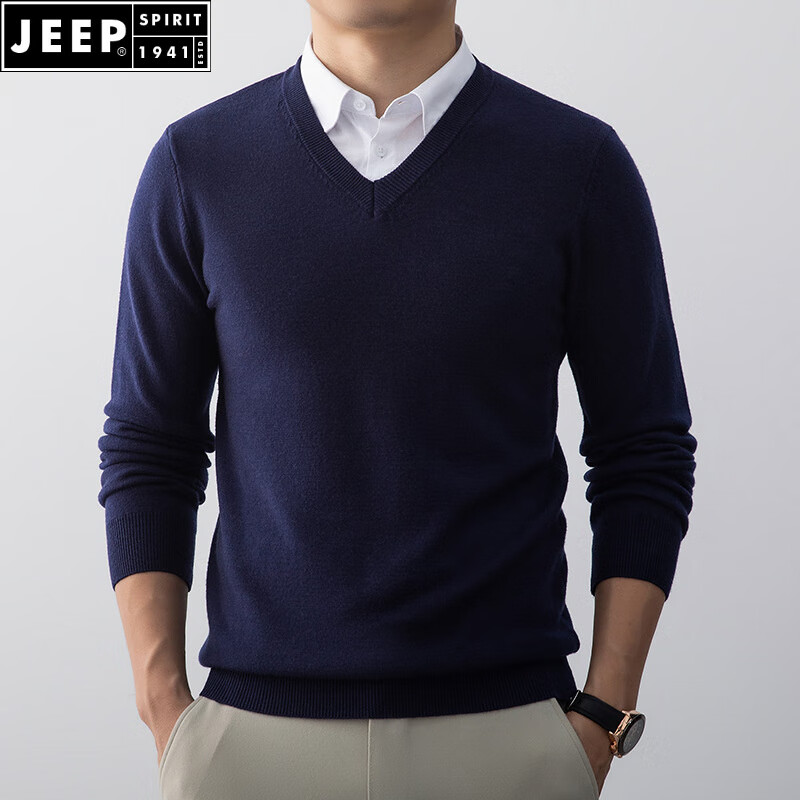 JEEP SPIRIT秋冬季新款针织衫V领打底衫修身毛衣男中青年纯色商务休闲针织衫 藏青色 M