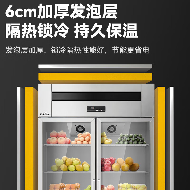 雪花展示柜蔬菜水果保鲜柜全钢全铜冰柜双开门三门商用四门六门超市饭店火锅串串立式冷冻冷藏冰箱 风冷系列丨大二门-风冷无霜丨全冷藏