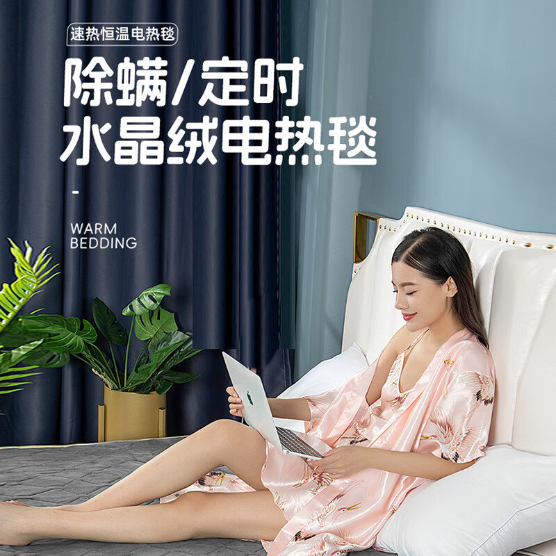 彩阳双人安全断电双温双控水晶绒可除螨电热毯电褥子 灰色【三档控温可除螨】 双温双控180cm*80cm