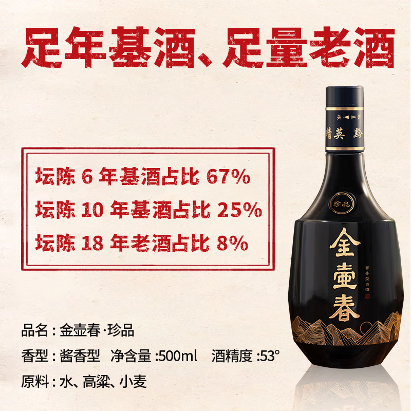 金壶春珍品酱香型白酒贵州平坝酱酒1952年纯粮酿造53度礼盒装送礼宴请 53度 500mL 2瓶 *赠礼袋*宴请送礼