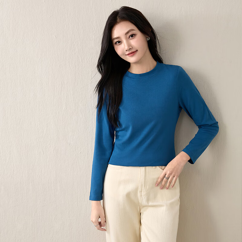 子牧棉麻秋装 女韩版长袖半高领弹力打底衫T恤(270克)8675 孔雀蓝 L (建议105-115斤)
