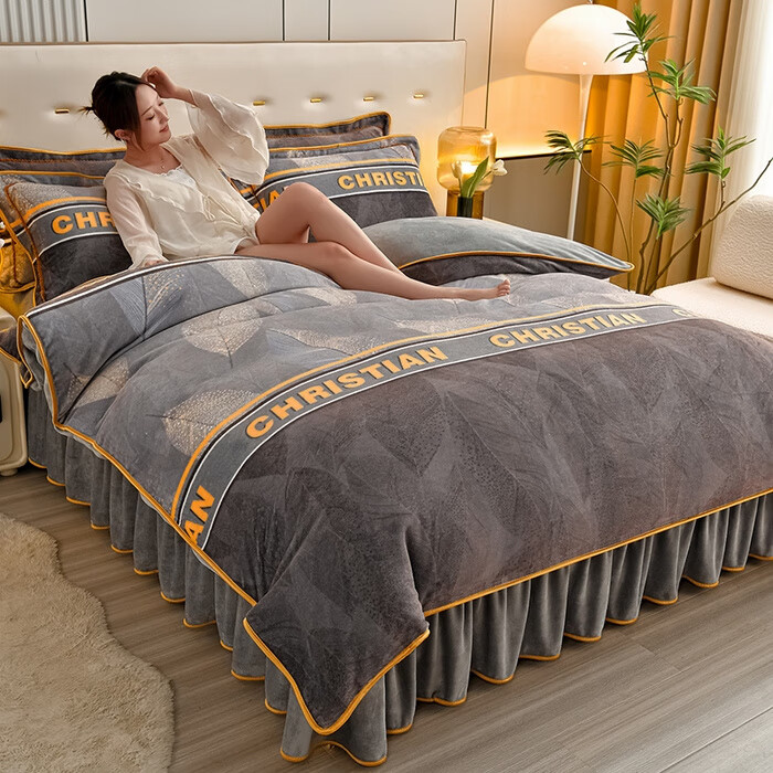 加厚牛奶绒四件套珊瑚绒法兰绒床裙款加绒被套被罩床上用品三件套 百福 床裙款 2.0m床四件套-被套220*240