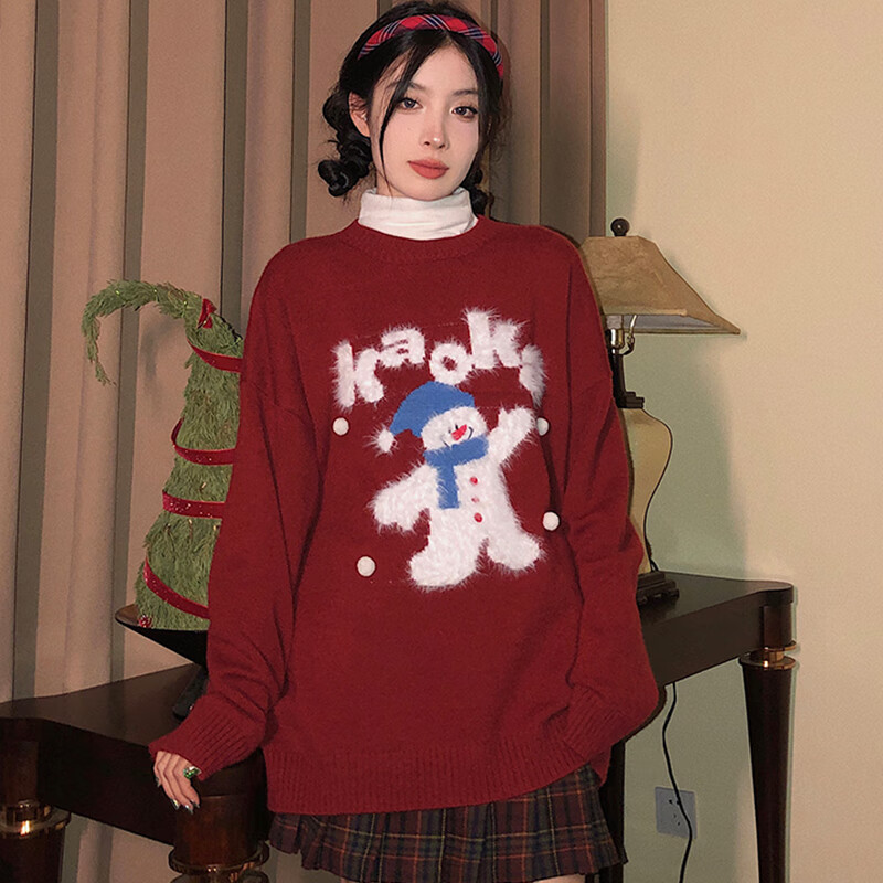 相伊恋人毛衣女25秋冬新款加绒加厚针织衫美式圣诞慵懒风上衣宽松内搭外套 红色【软糯升级亲肤】 均码 【建议80-140斤】