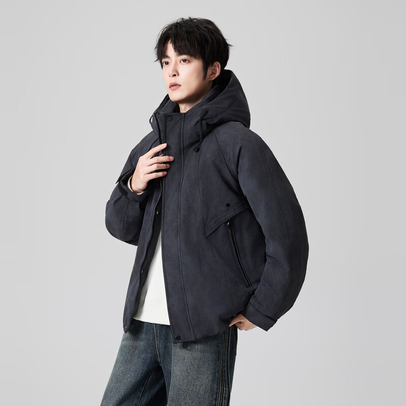 快鱼厚短款羽绒服男2025新款冬季立领连帽男士外套工装风时尚潮流上衣 黑色 XL