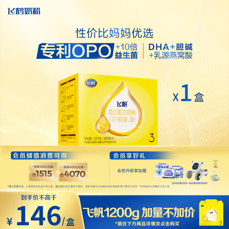 飞鹤飞帆OPO促吸收幼儿配方奶粉3段(12-36月龄)1600克 DHA好脑力