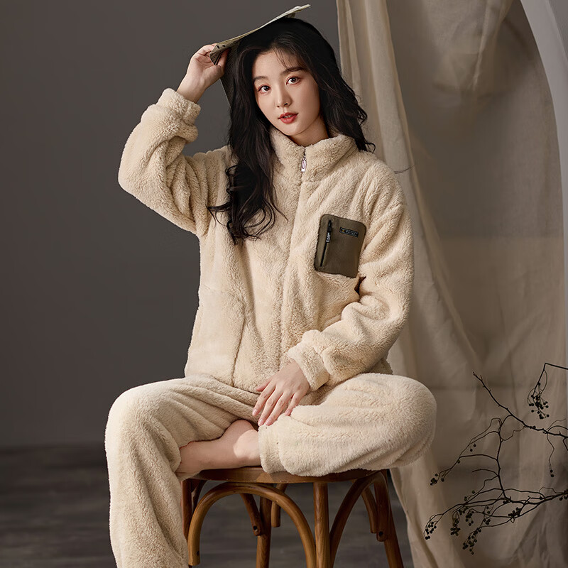 猫人【立领拉链可外穿】男士睡衣男冬季情侣睡衣羊羔绒家居服2025新品 米杏色 女款 M 【建议体重80-100斤】