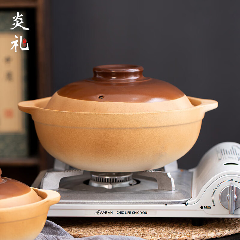 炎礼陶瓷老式砂锅煲家用汤锅煲仔饭燃气灶明火专用耐高温干烧不裂 30#复古平煲（有盖） 适用7-10人 4000ml