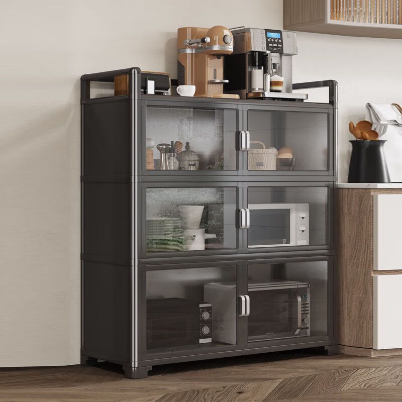 倘然之家新款碗柜双开门置物架厨房橱柜铝合金餐边收纳家用储物收纳厨柜子 耀黑【双开磁吸玻璃门】 两层48*33*62【升级加厚版】