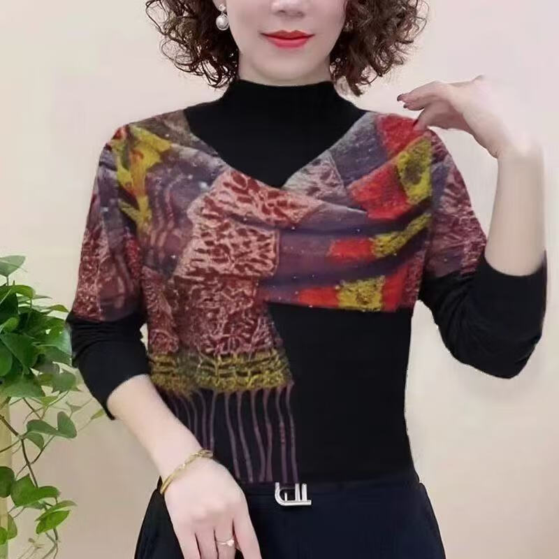 【爆款轻奢】秋冬新款半高领打底衫女秋冬洋气印花时尚内搭上衣 红色 6XL 【150-165斤】