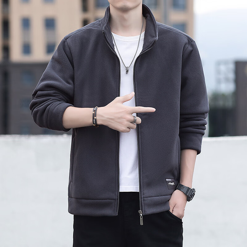 男士加绒摇粒绒外套秋冬季休闲百搭立领夹克加厚开衫卫衣男款GLB 灰色-春秋款 L 【建议120-135斤】