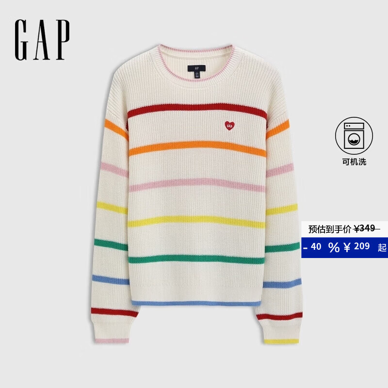 GAP女装2025春季新款纯棉爱心logo撞色条纹针织衫宽松毛衣759373 象牙白 S (160/80A)亚洲尺码