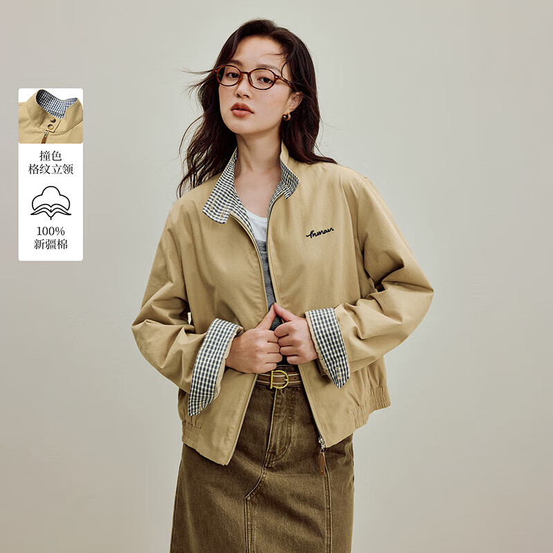 茵曼（INMAN）2025冬季女装新款撞色格纹立领纯棉刺绣外套复古宽松夹克上衣 卡其色 S