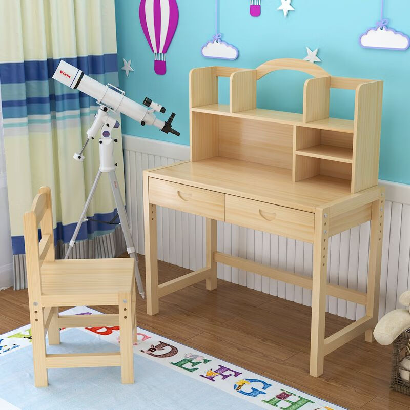 欣慕雅简约现代松木可升降学习桌小学生家用写字桌椅套装 05款原木无漆 80*50*75桌椅一套可升降