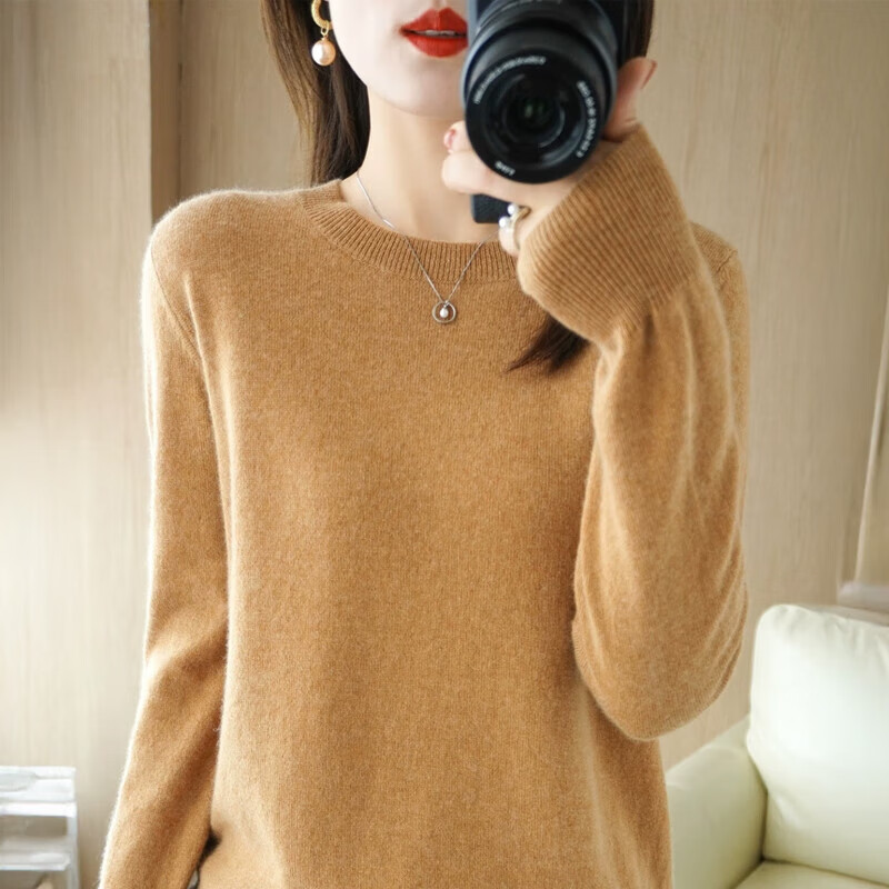 小红书鄂尔多斯市女V领宽松针织打底衫内搭上衣秋冬2 金驼圆领 M 体重(70110斤)