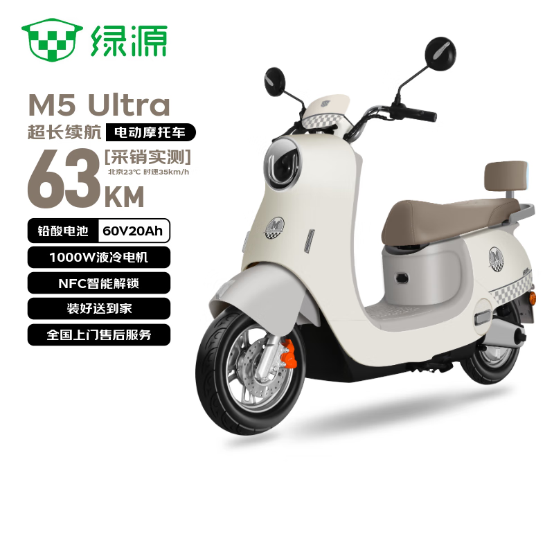 绿源（Luyuan）电动摩托车 M5ultra【5块铅酸电池-续航63km-1000W电机】27L大容量座桶家用代步车 灰