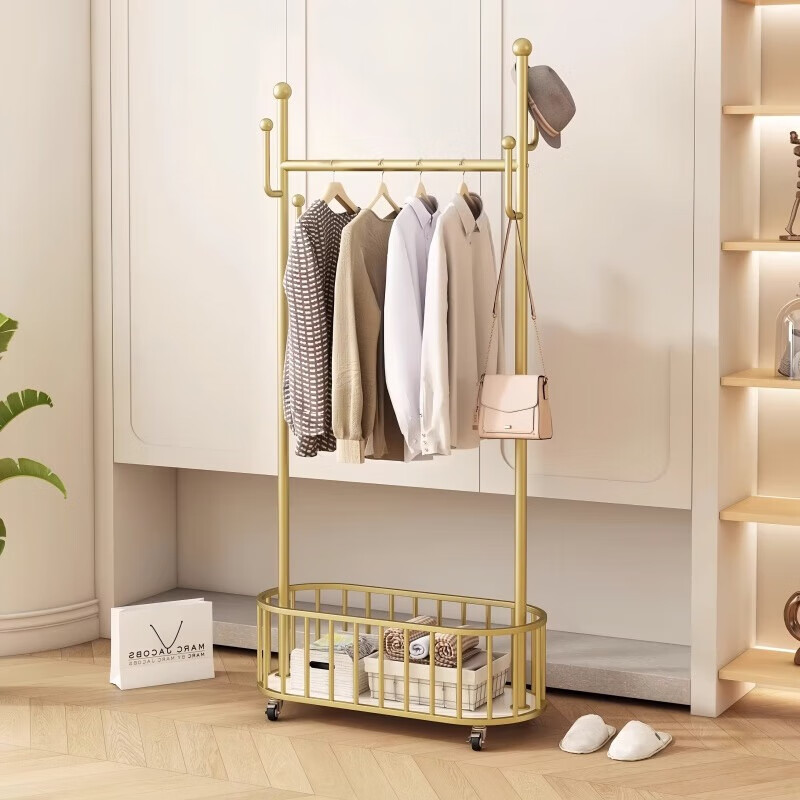 馨婺家衣架落地卧室挂衣架可移动家用房间晾衣架室内衣服架子简易衣帽架 金色-加粗管径【长60cm】