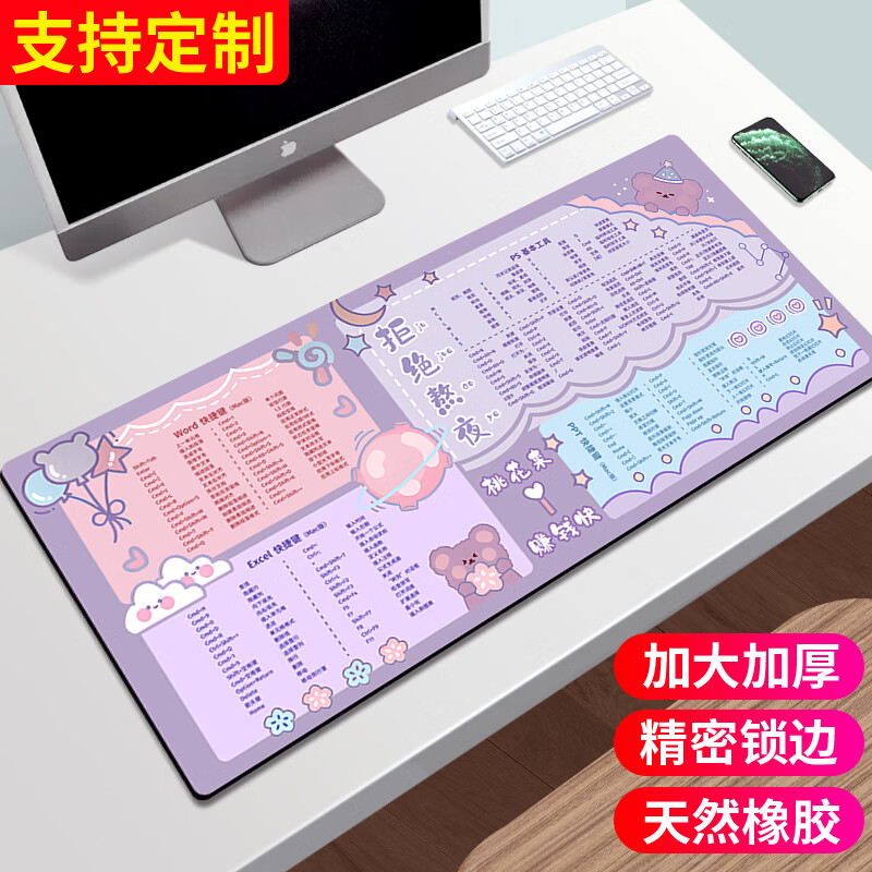 典元超大鼠标垫办公cad快捷键大全PS软件excel桌面键盘电竞游戏电脑桌垫加厚大号精密锁边学生电脑桌垫 拒绝熬夜1072LC 300*800mm 厚度3mm