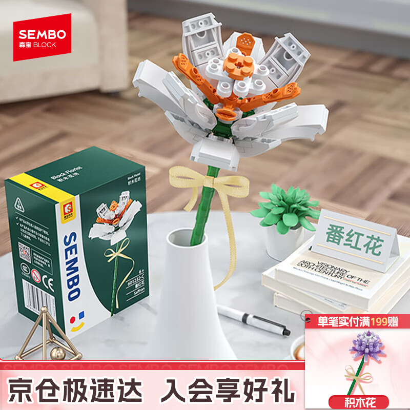 森宝积木拼装永生花摆件DIY手工积木花玩具生日礼物 白番红花601232C