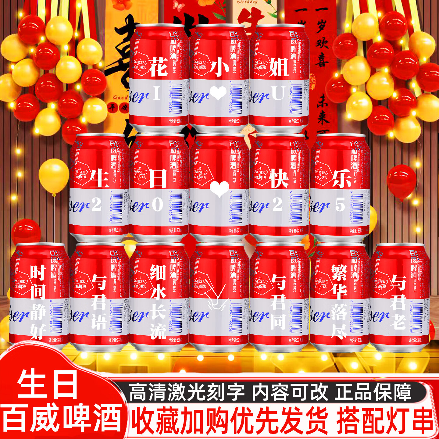 百威啤酒易拉罐定制刻字生日礼物送女生朋友闺蜜老婆创意惊喜场景布置 15号生日模板15罐【定制内容可以改动】